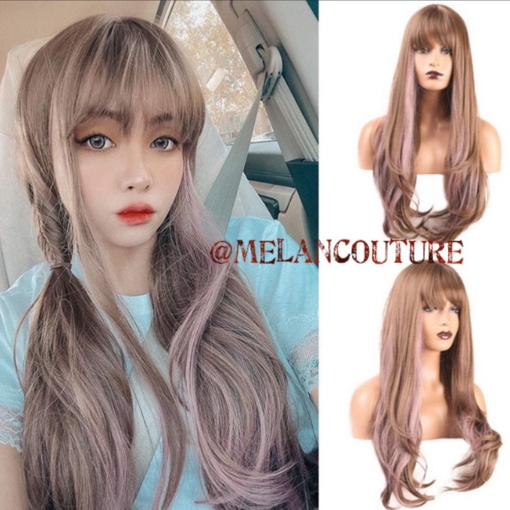 Natural Wave Synthetic Wig Bangs Glueless Cosplay Costume 24 inches pink brown